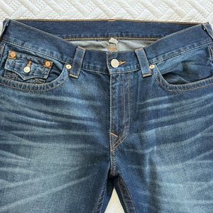 True Religion Straight Dark Denim Jeans Red Orange Men Size 38 Waist 32 Length